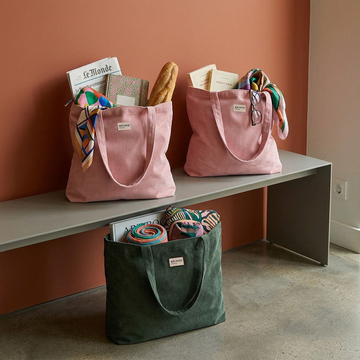 Totebag en velours côtelé vert